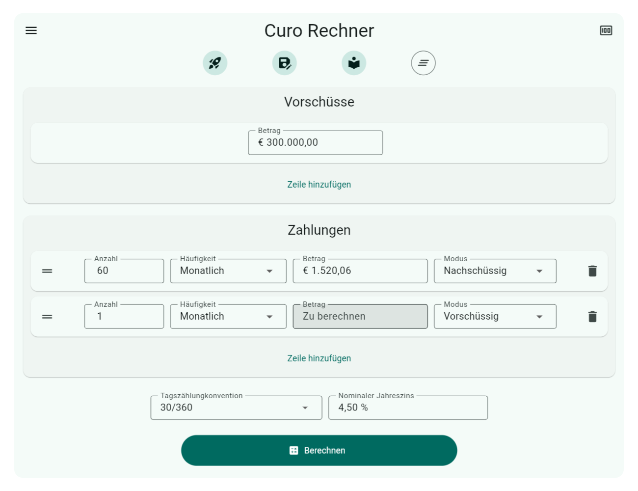 Bild zeigt die Eingaben zur Berechnung des Endsaldo nach der festen Laufzeit Schritt 2: Saldo am Ende der festen Zinsperiode bestimmen